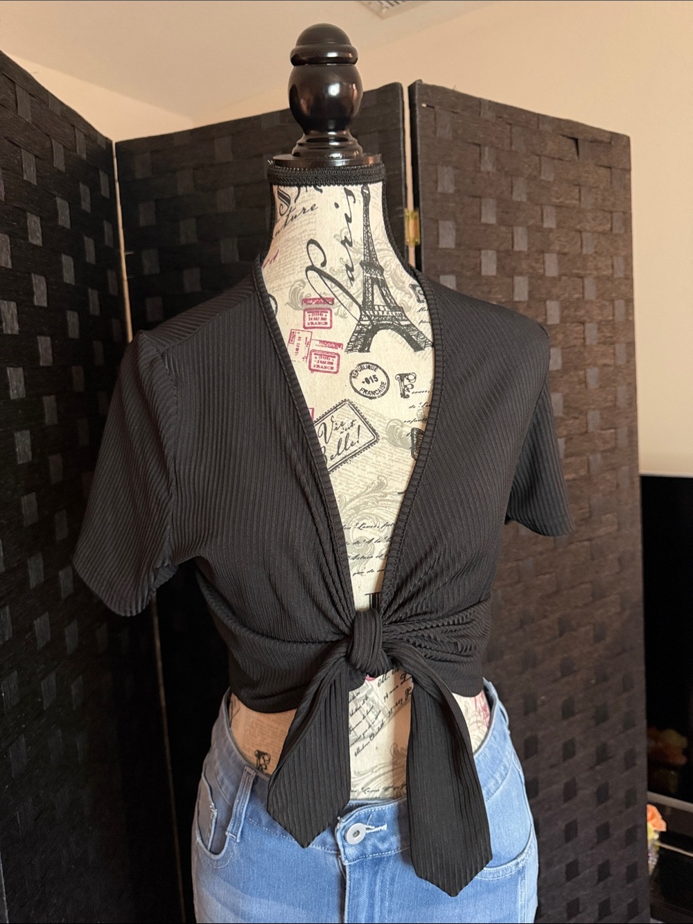 Black Ribbed Tie-Front Crop Top